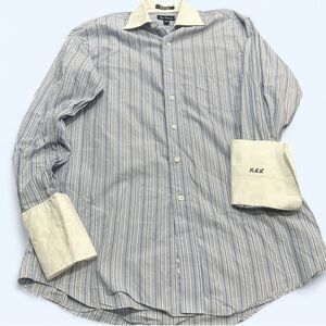 Paul Fredrick Blue & White Striped Button down shirt Size 15-33 with French cuff